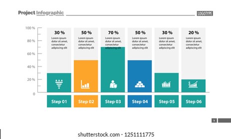 Six columns bar chart slide template. Business data. Percent, diagram, design. Creative concept for infographic, presentation. Can be used for topics like management, analysis, research.