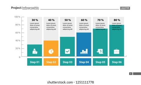 Six columns bar chart slide template. Business data. Step, diagram, design. Creative concept for infographic, presentation. Can be used for topics like management, analytics, research.