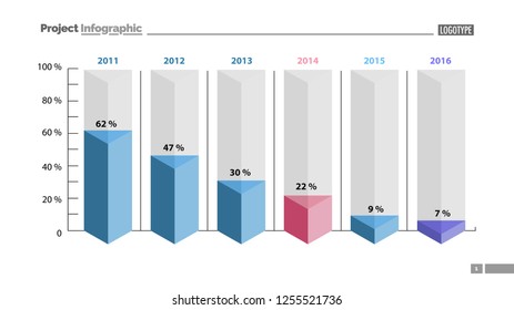 Six columns bar chart slide template. Business data. Percent, declining, design. Creative concept for infographic, presentation, report. Can be used for topics like management, finance, research.