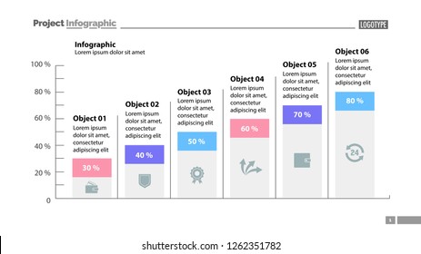 Six columns bar chart slide template. Business data. Percentage, diagram, design. Creative concept for infographic, presentation, report. Can be used for topics like management, finance, research.