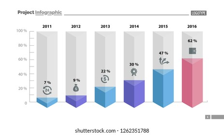 Six columns bar chart slide template. Business data. Percent, diagram, design. Creative concept for infographic, presentation, report. Can be used for topics like management, finance, research.