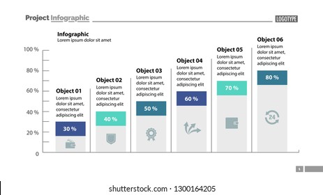 Six columns bar chart slide template. Business data. Percentage, diagram, design. Creative concept for infographic, presentation, report. Can be used for topics like management, finance, research.