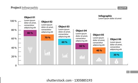 Six columns bar chart slide template. Business data. Percentage, declining, design. Creative concept for infographic, presentation, report. Can be used for topics like management, finance, statistics.