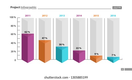 Six columns bar chart slide template. Business data. Percent, declining, design. Creative concept for infographic, presentation, report. Can be used for topics like management, finance, research.