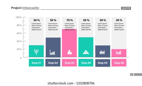 Six columns bar chart slide template. Business data. Percent, diagram, design. Creative concept for infographic, presentation. Can be used for topics like management, analysis, research.