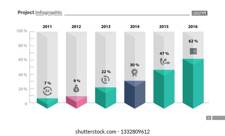Six columns bar chart slide template. Business data. Percent, diagram, design. Creative concept for infographic, presentation, report. Can be used for topics like management, finance, research.