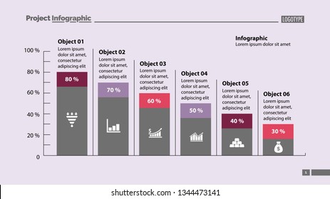 Six columns bar chart slide template. Business data. Percentage, declining, design. Creative concept for infographic, presentation, report. Can be used for topics like management, finance, statistics.