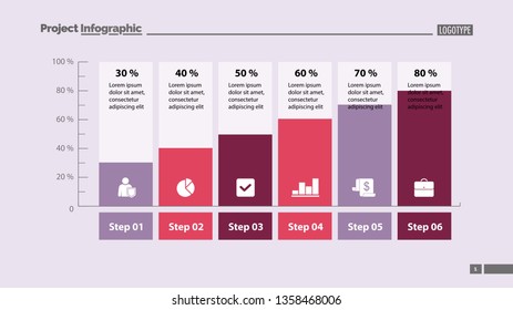Six columns bar chart slide template. Business data. Step, diagram, design. Creative concept for infographic, presentation. Can be used for topics like management, analytics, research.