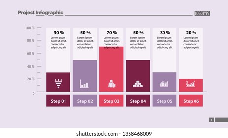 Six columns bar chart slide template. Business data. Percent, diagram, design. Creative concept for infographic, presentation. Can be used for topics like management, analysis, research.