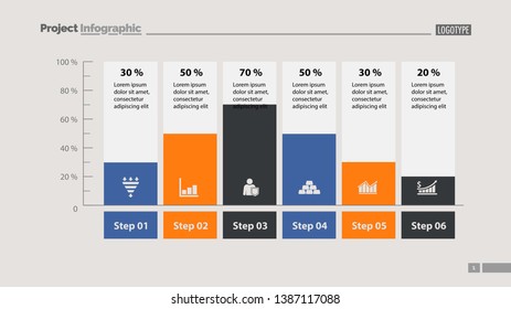 Six columns bar chart slide template. Business data. Percent, diagram, design. Creative concept for infographic, presentation. Can be used for topics like management, analysis, research.