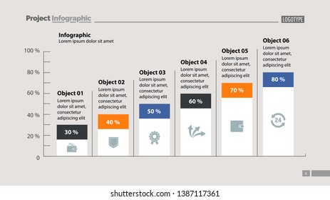 Six columns bar chart slide template. Business data. Percentage, diagram, design. Creative concept for infographic, presentation, report. Can be used for topics like management, finance, research.