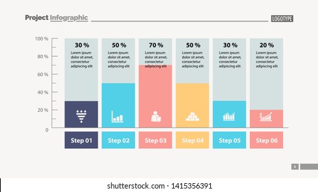 Six columns bar chart slide template. Business data. Percent, diagram, design. Creative concept for infographic, presentation. Can be used for topics like management, analysis, research.