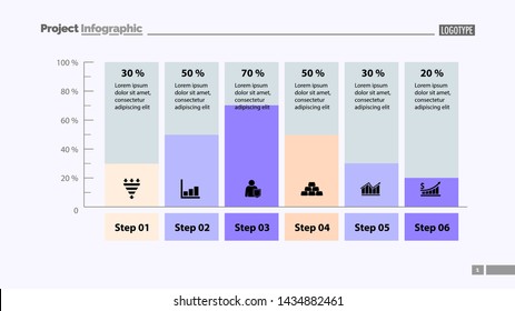 Six columns bar chart slide template. Business data. Percent, diagram, design. Creative concept for infographic, presentation. Can be used for topics like management, analysis, research.