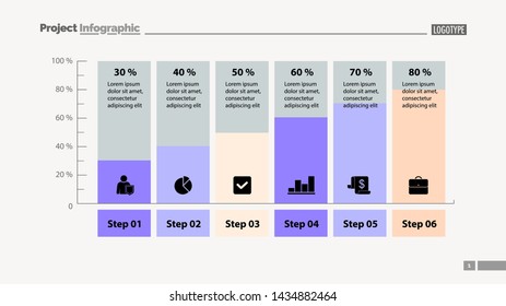 Six columns bar chart slide template. Business data. Step, diagram, design. Creative concept for infographic, presentation. Can be used for topics like management, analytics, research.