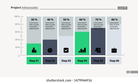 Six columns bar chart slide template. Business data. Step, diagram, design. Creative concept for infographic, presentation. Can be used for topics like management, analytics, research.
