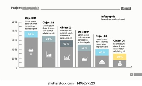 Six columns bar chart slide template. Business data. Percentage, declining, design. Creative concept for infographic, presentation, report. Can be used for topics like management, finance, statistics.