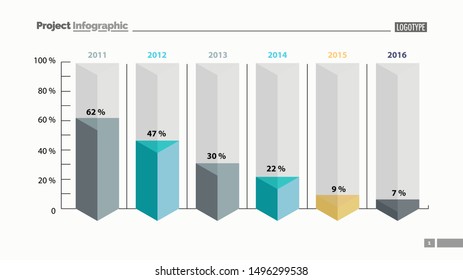 Six columns bar chart slide template. Business data. Percent, declining, design. Creative concept for infographic, presentation, report. Can be used for topics like management, finance, research.