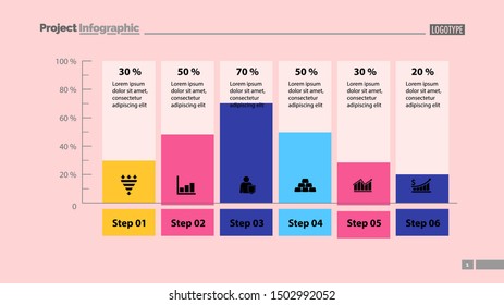 Six columns bar chart slide template. Business data. Percent diagram design. Creative concept for infographic, presentation. Can be used for topics like management research analysis,.