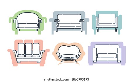 Six comfortable sofa with pillows. Flat illustration with settee on shape background. Modern stylish object for relaxation. Set images of couch in line art style. Element furniture of the interior.