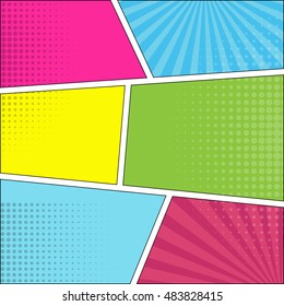 Six comic text speech bubble background pop art style. Colorful vector illustration background. Bright cartoon backdrop. Six colored pop-art backdrop.