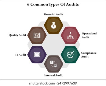 Six common type of audits - Financial, Operational, compliance, internal, IT Audit, Quality Audit. Infographic template with icons and description placeholder