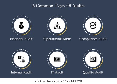 Six common type of audits - Financial, Operational, compliance, internal, IT Audit, Quality Audit. Infographic template with icons and description placeholder