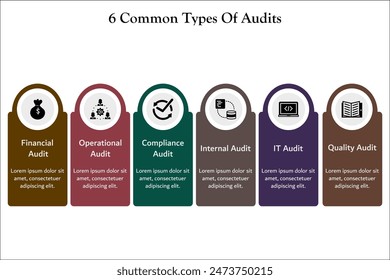 Six common type of audits - Financial, Operational, compliance, internal, IT Audit, Quality Audit. Infographic template with icons and description placeholder