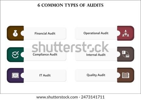 Six common type of audits - Financial, Operational, compliance, internal, IT Audit, Quality Audit. Infographic template with icons and description placeholder