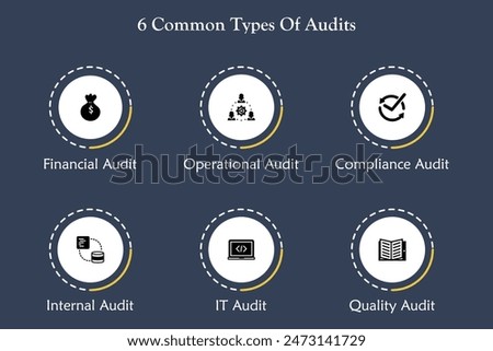 Six common type of audits - Financial, Operational, compliance, internal, IT Audit, Quality Audit. Infographic template with icons and description placeholder