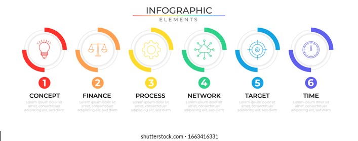Six connected circle infographic design template with icons and number. Vector illustration for company and corporate business project and presentation. Eps 10