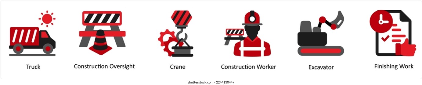 Six construction icons in red and black as truck, construction oversight, crane