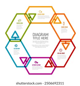 Six content hexagon shapes with arrows in one big cycle multipurpose infographic on white background with sample content, titles ans simple icons. Cycle infochart template