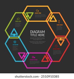 Seis Formas hexagonales de contenido con flechas en una infografía multipropósito sobre fondo negro con contenido de muestra, títulos e íconos simples. Plantilla de infografía de ciclo