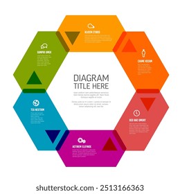 Seis Formas hexagonales de contenido con flechas en una infografía multipropósito sobre fondo blanco con contenido de muestra, títulos e íconos simples. Plantilla de infografía de ciclo