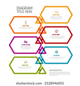 Seis Formas hexagonales de contenido con flechas en infografía multipropósito en proceso sobre fondo blanco con contenido de muestra, títulos e íconos simples. Plantilla de infograma de pasos