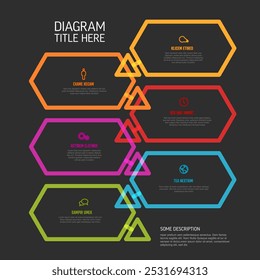 Seis Formas hexagonales de contenido con flechas en proceso infografía multipropósito sobre fondo negro con contenido de muestra, títulos e íconos simples. Plantilla de infograma de pasos