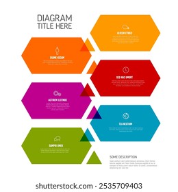 Seis Formas hexagonales de contenido con flechas en infografía multipropósito en proceso sobre fondo blanco con contenido de muestra, títulos e íconos simples. Plantilla de infograma de pasos