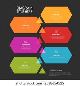 Seis Formas hexagonales de contenido con flechas en proceso infografía multipropósito sobre fondo gris oscuro con contenido de muestra, títulos e íconos simples. Plantilla de infograma de pasos