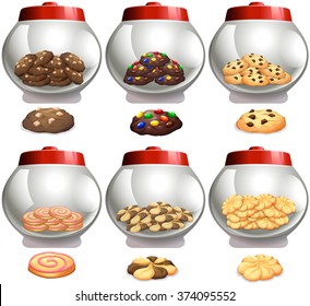 Six cookies jars with many flavor cookies illustration