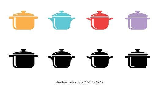 Six cooking pots in vibrant colors and black with lids arranged in a grid showcasing variety for kitchen and food graphics
