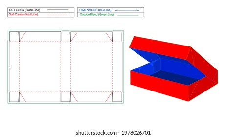 Six corner box dieline template and packaging blank template, diecut and 3D vector render box, Six corner glued tray box