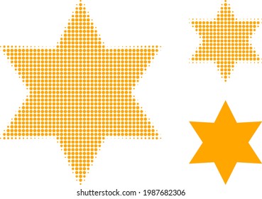 Six corner star halftone dotted icon. Halftone pattern contains circle pixels. Vector illustration of six corner star icon on a white background.