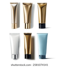 Six cosmetic tubes in various colors and finishes are arranged on a neutral backdrop, showcasing different designs and sizes for beauty enthusiasts to explore.