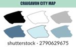 Six Craigavon city map styles in solid lined and stock variations. Flat design elements ideal for urban planning and graphic design projects.