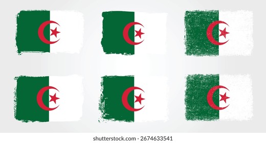 Six creative Algeria flag designs with green and white halves, red crescent and star, rough brush textures, distressed painted edges.
