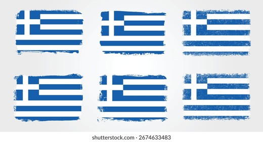 Six creative Greek flag designs with blue and white stripes and cross, rough brush textures, distressed edges, clean Mediterranean aesthetic.

