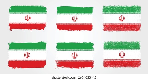 Seis banderas creativas de Irán con rayas rojas blancas verdes y un emblema central, texturas de pincel pintadas y bordes angustiados para un uso de diseño versátil.
