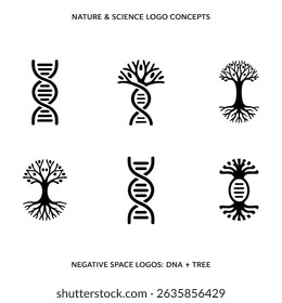 Six creative logo designs combine DNA and trees, blending nature and science. Negative space art on a clean, minimalist background. Simple, clear, and concise.