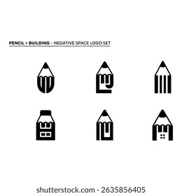 Six creative pencil logos use negative space to cleverly incorporate architectural elements in black on a light gray background. Simple, modern, and symbolic design.