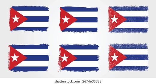 Seis versiones creativas de la bandera de Cuba con rayas azules y blancas, triángulo rojo, estrella blanca, texturas ásperas de pincel y bordes angustiados.
